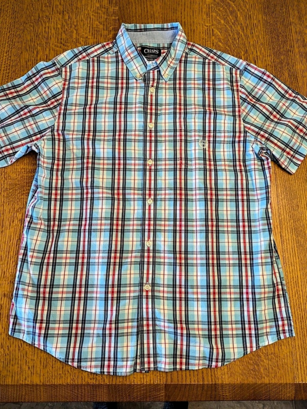 Chaps -  Custom Fit Plaid Short Sleeve Button Down Shirt Blue Red White Men's XL